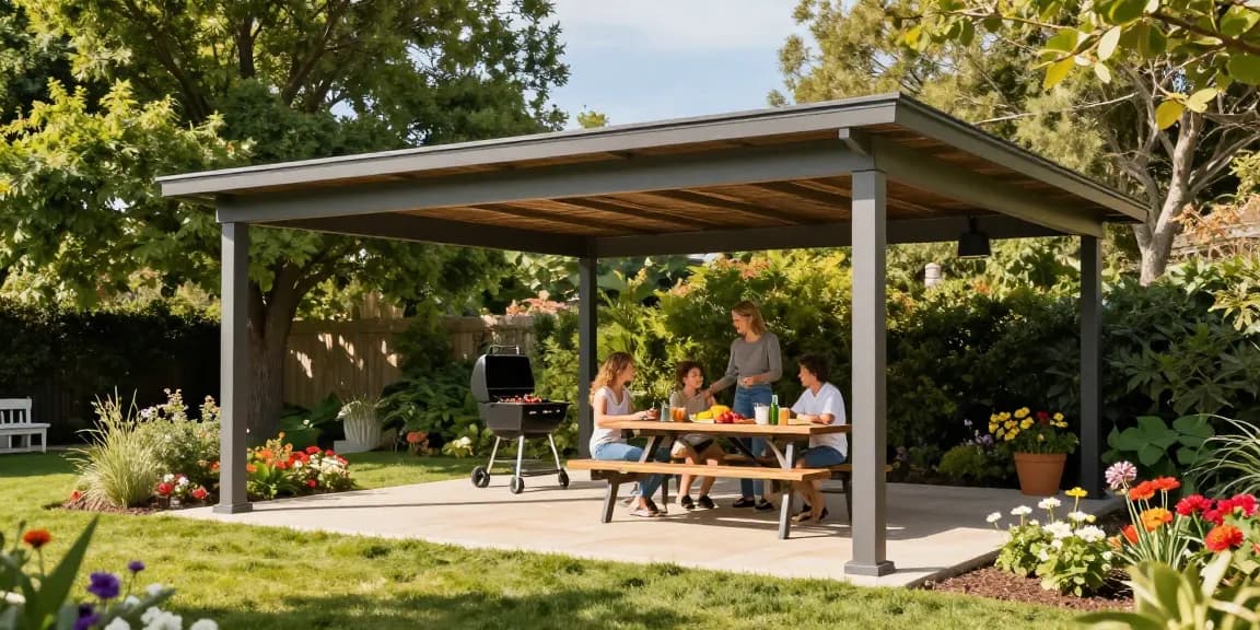 Moderne Terrassenüberdachung freistehend in einem sonnigen Garten, perfekt für Familienfeiern und Grillabende.