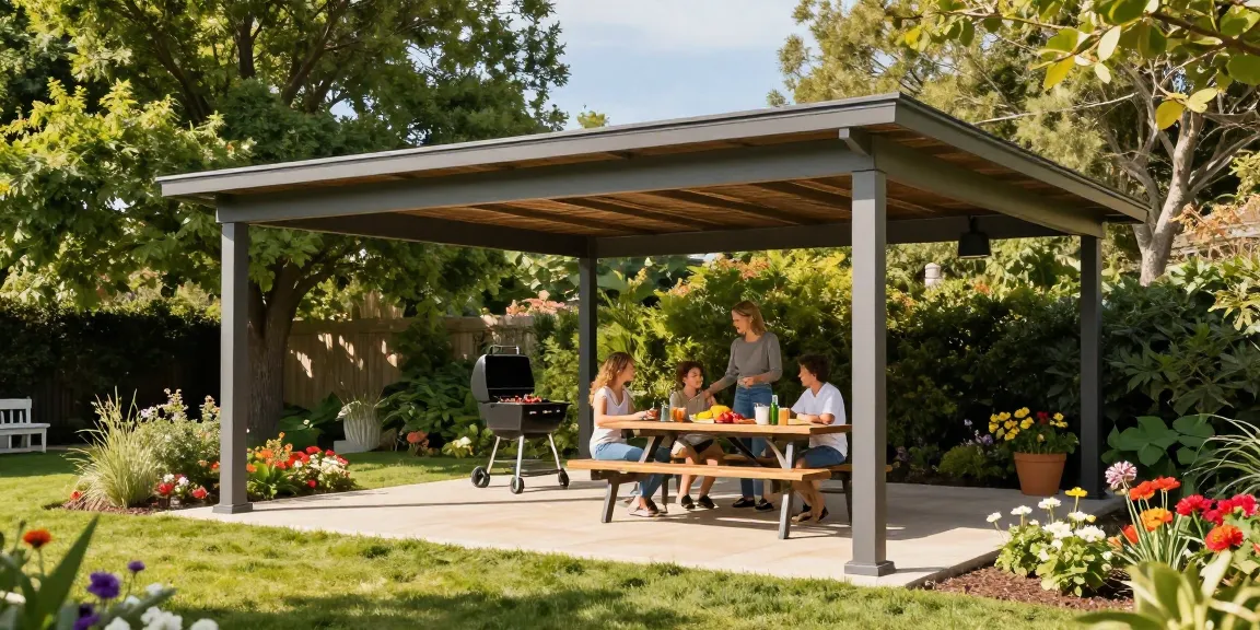 Moderne Terrassenüberdachung freistehend in einem sonnigen Garten, perfekt für Familienfeiern und Grillabende.