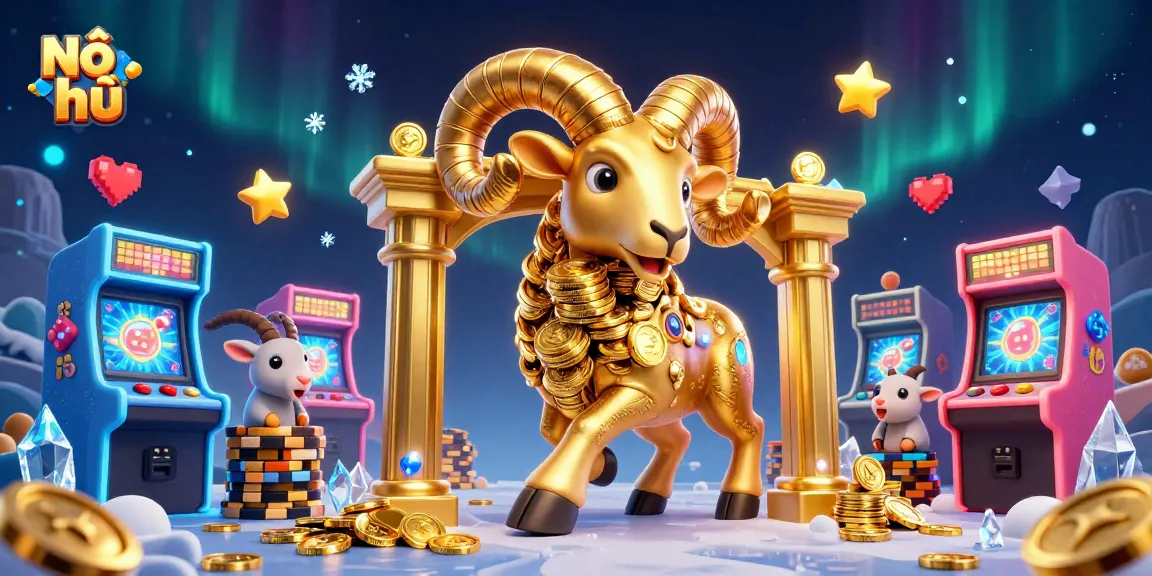 Experience the thrilling Nổ hũ excitement with golden ram in a vibrant arcade setting, celebrating jackpot wins.