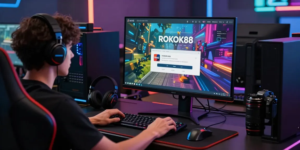 Interactive gaming setup showcasing rokok88 link login on a vibrant gaming monitor in an immersive environment.