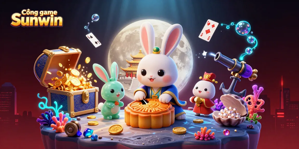 Cổng game Sunwin offers exciting casino experiences with a lively illustration of moon rabbits and poker chips.