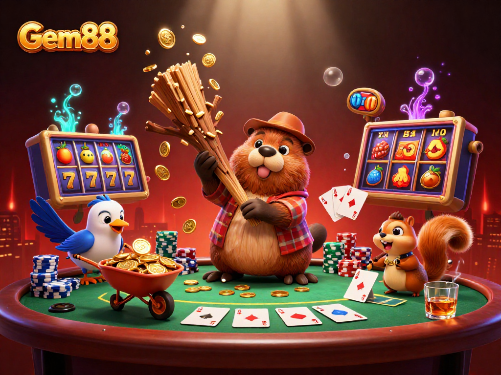 Gem88 showcases a vibrant 3D scene with a beaver gathering golden coins at a poker table.