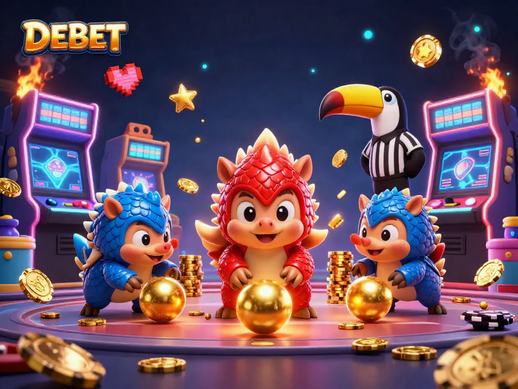 Experience the excitement of DEBET with dynamic rival pangolins bowling through poker chips in a vibrant casino.