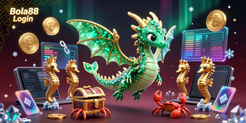 Engage with the vibrant world of Bola88 Login featuring a magical emerald sea dragon amidst crypto coins and stunning visual effects.