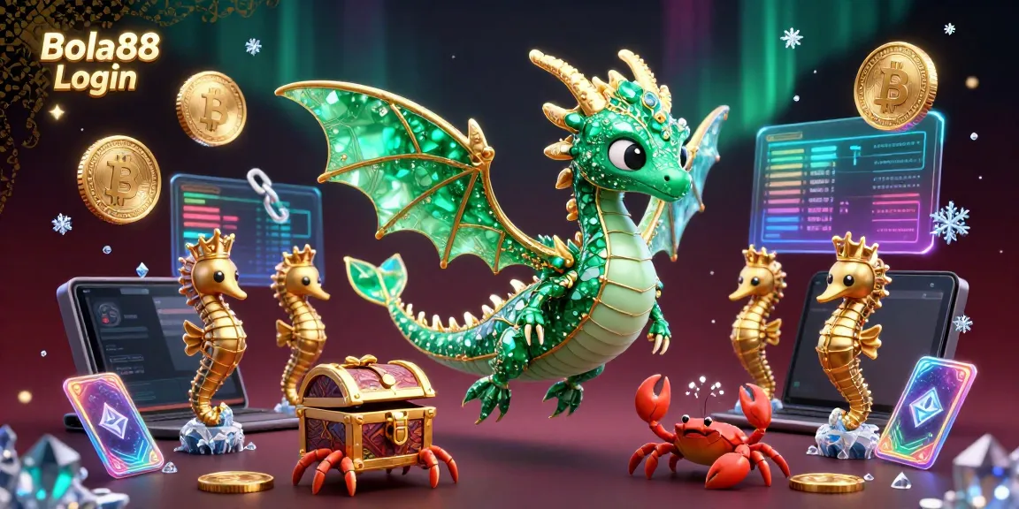 Engage with the vibrant world of Bola88 Login featuring a magical emerald sea dragon amidst crypto coins and stunning visual effects.