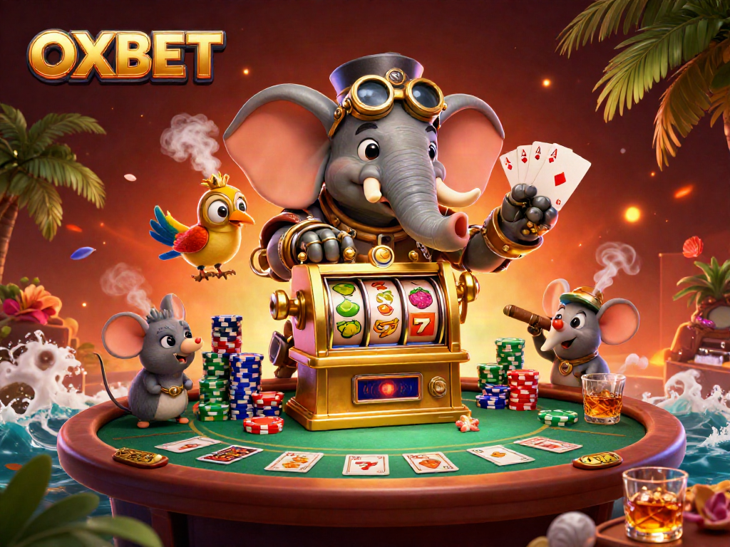 Experience OXBET's thrilling gaming adventure with a vibrant steampunk elephant at the slot machine.