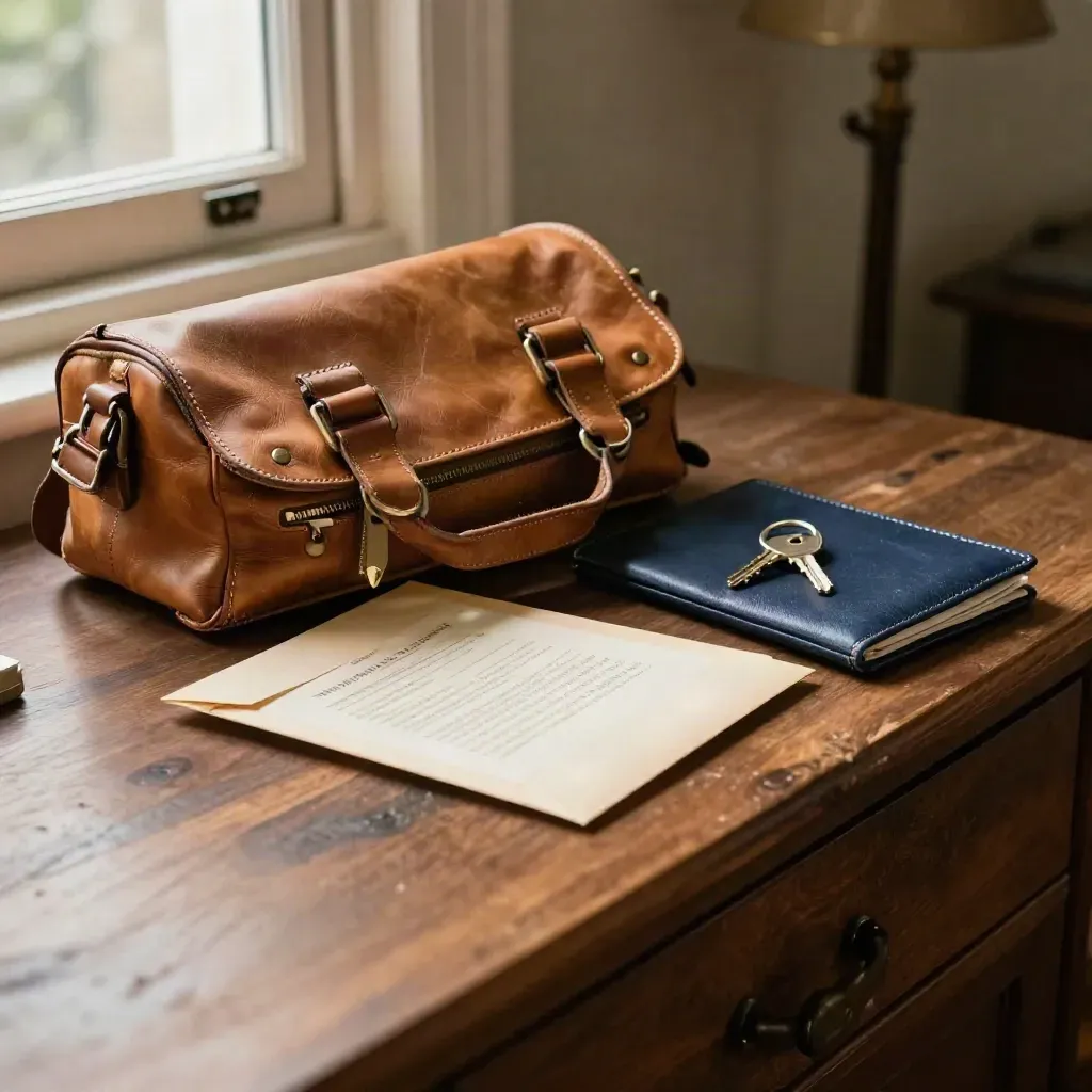 Reisetasche, Dokumentenmappe, Umschlag und Hausschlüssel im warmen Fensterlicht.