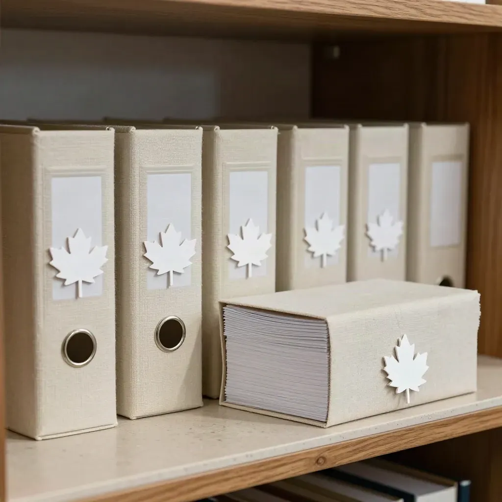 Fünf Archivboxen mit Ahornblatt auf hellem Stein, warmes Licht und Staub im Beam