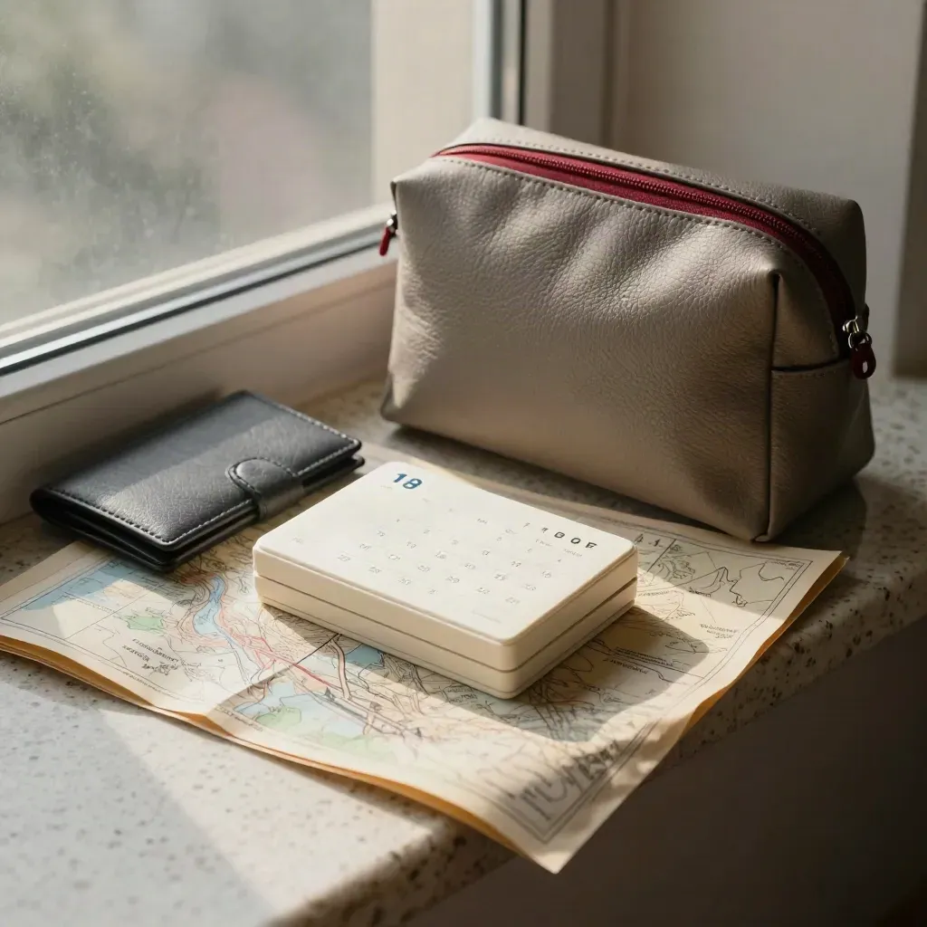Terminkalender, Reisetasche und Wallet neben gefalteter Karte im Morgenlicht