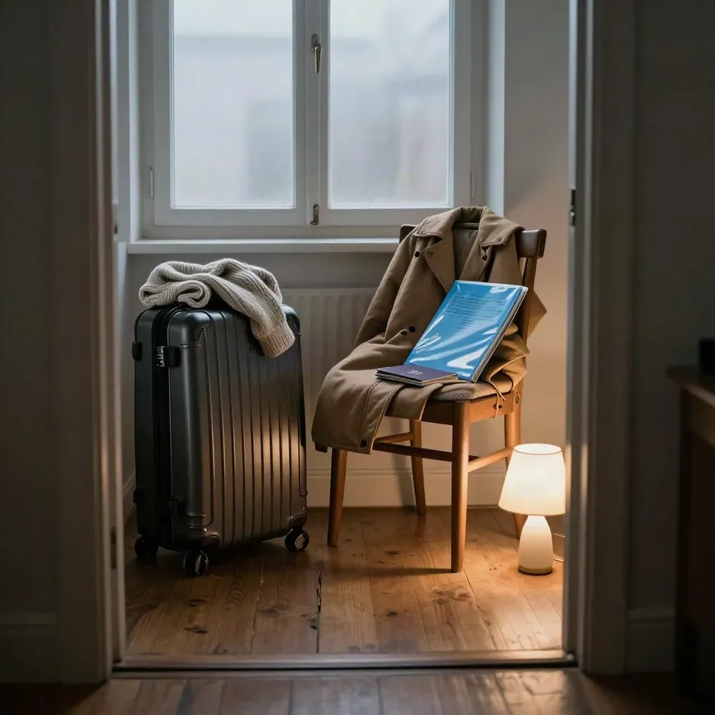 Koffer, Mantel und Dokumentenmappe in einer Münchner Ecke am foggy Fenster, abfahrbereit.