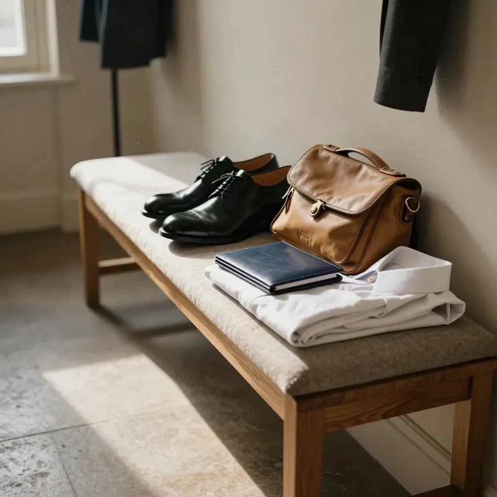 Hallenbank mit polierten Schuhen, gefaltetem Hemd, Dokumentenmappe und Reisetasche im warmen Licht.