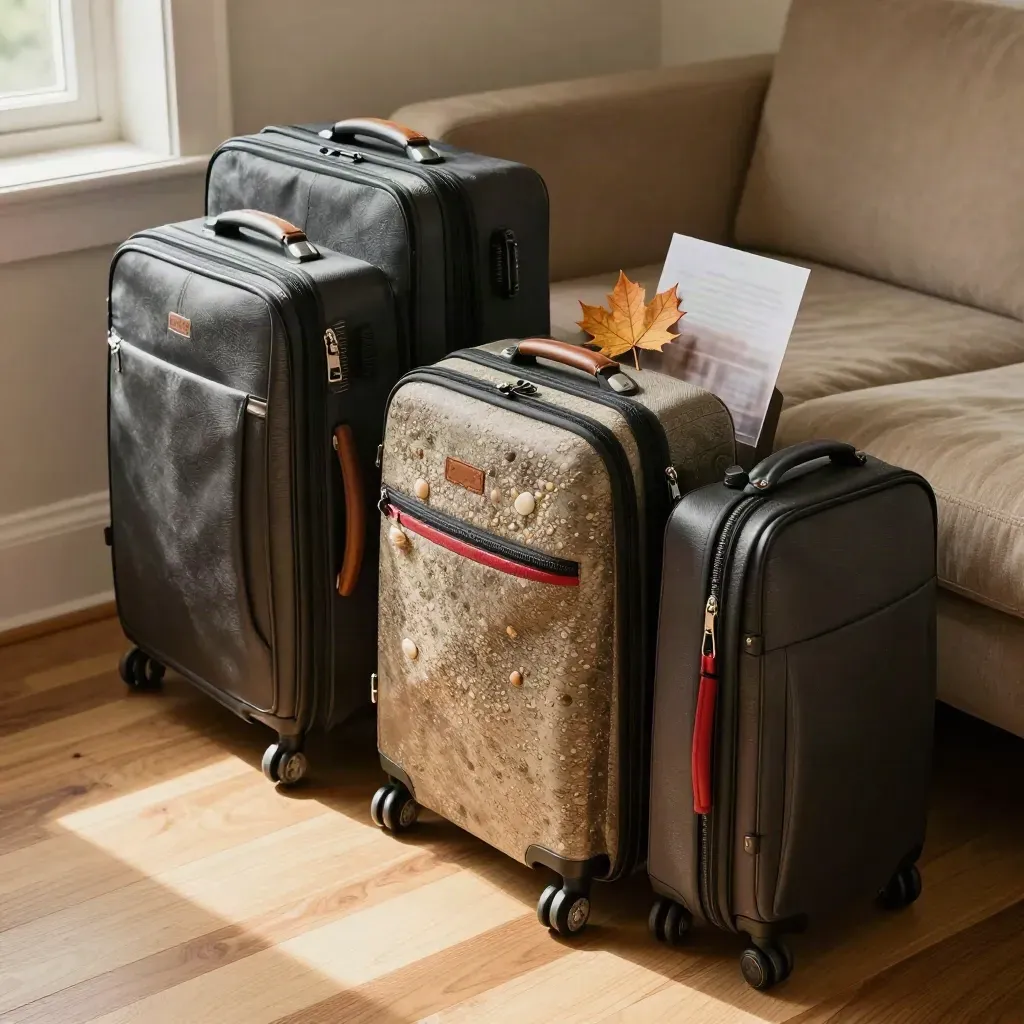 Vier Koffer, Reisetasche und Ahornblatt warten im warmen Flur neben dem Sofa.