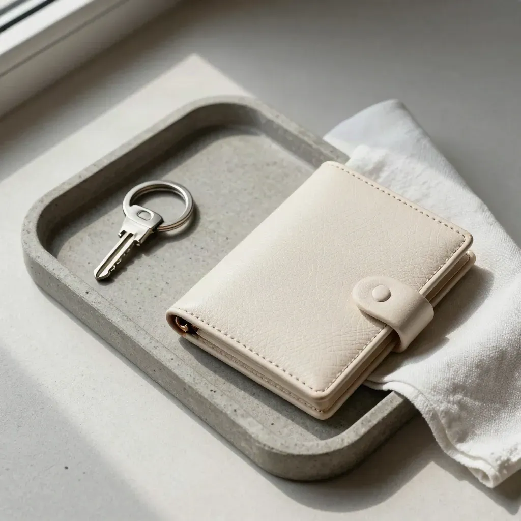 Stein-Tablett mit Reisetasche, Schlüsselring und geschlossenem Termin-Wallet auf hellem Untergrund