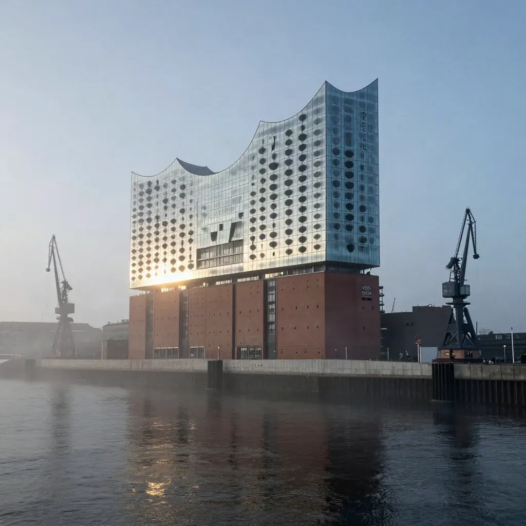 Hamburger Elbphilharmonie im Hafennebel mit Kränen und ruhigem Wasser für Kanada Visa.