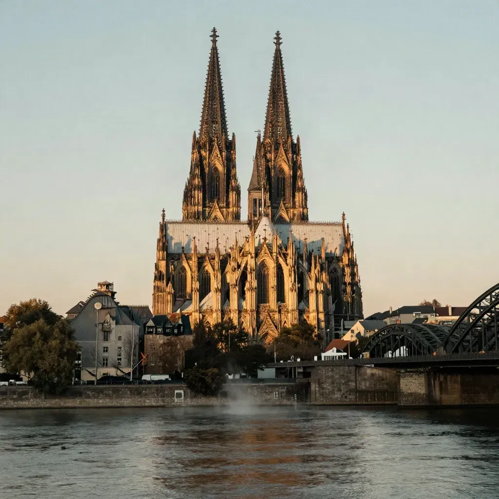 Kölner Dom über dem Rhein im warmen Abendlicht, mit Brücken-Silhouetten und ruhigem Wasser.