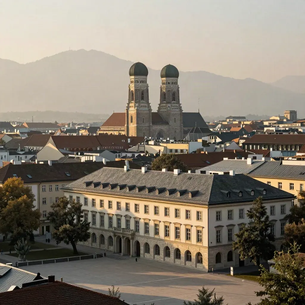 Münchens Skyline mit Frauenkirche und Alpenhügel im Abenddunst über ruhigem Steinkopfplatz
