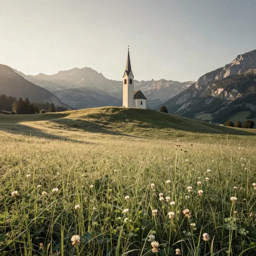 Weite Alpenwiese mit Kirchturm und fernen Gipfeln im warmen Abendlicht.