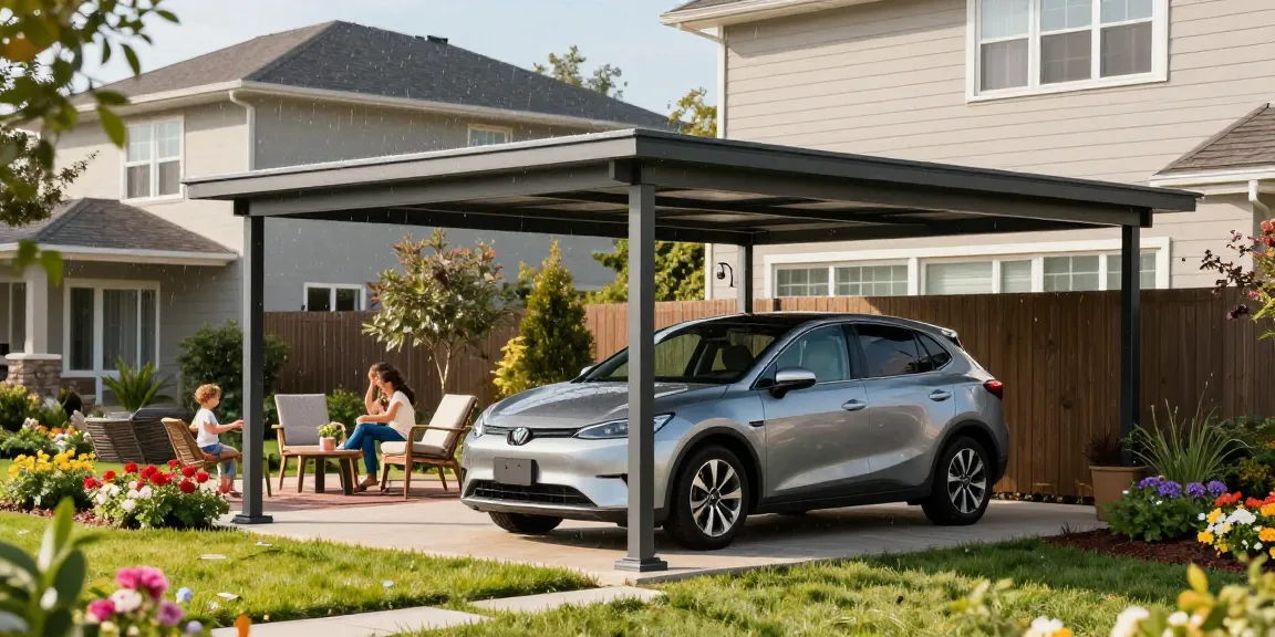 Ein moderner Carport bietet Schutz für ein Auto in einem einladenden Garten mit Blumen und einer gemütlichen Terrasse.