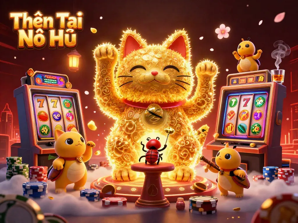 Experience the excitement of Thần Tài Nổ Hũ as golden fireflies form a lucky cat amidst vibrant casino symbols.