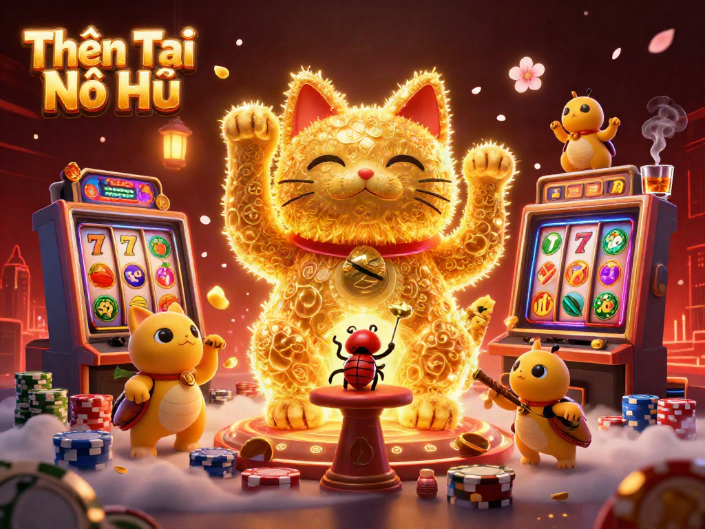 Experience the excitement of Thần Tài Nổ Hũ as golden fireflies form a lucky cat amidst vibrant casino symbols.