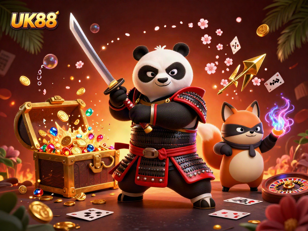 Experience thrilling gameplay at UK88 with a dynamic 3D illustration featuring samurai, ninja, and casino elements.