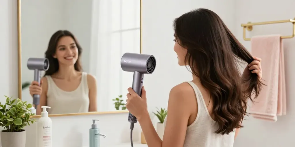 Die Verwendung des Laifen Haartrockners in einem modernen Badezimmer mit natürlichem Licht.