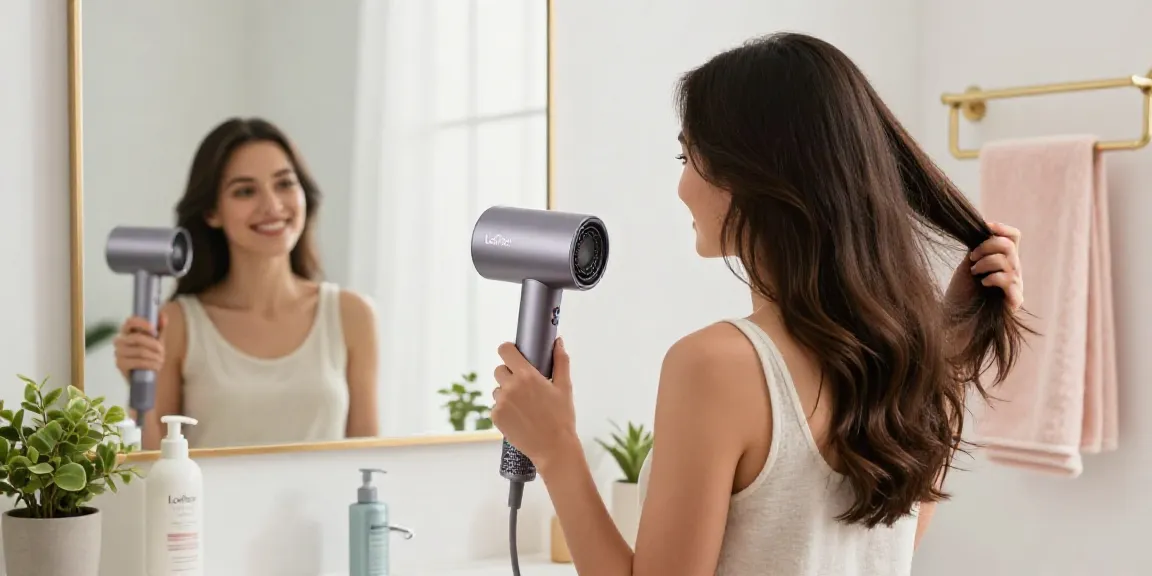 Die Verwendung des Laifen Haartrockners in einem modernen Badezimmer mit natürlichem Licht.