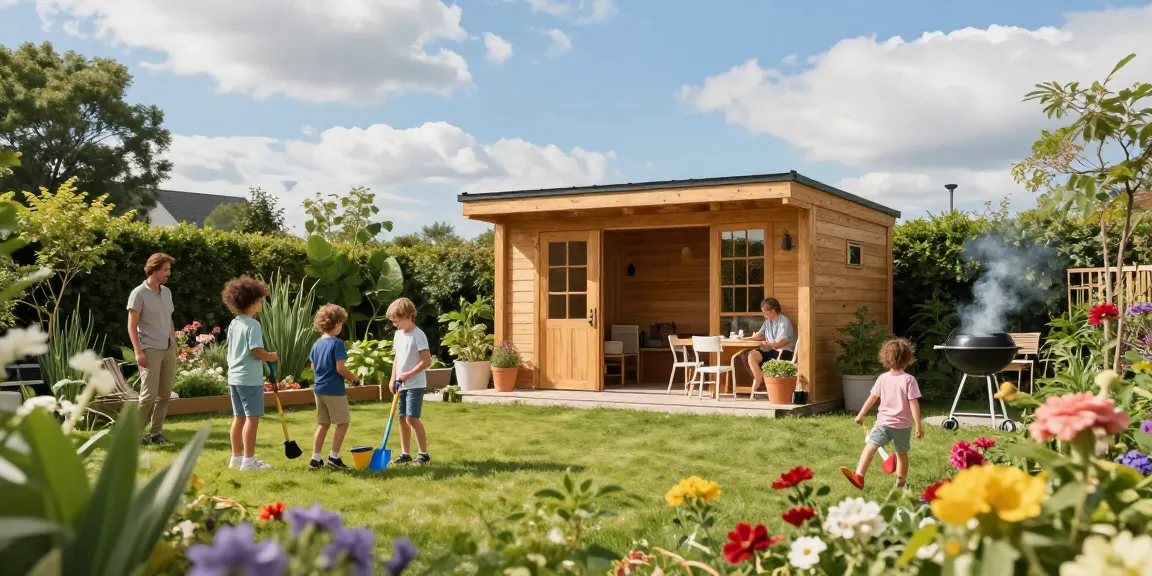 Wunderschönes Gartenhaus umgeben von blühenden Pflanzen und spielenden Kindern bei sonnigem Wetter