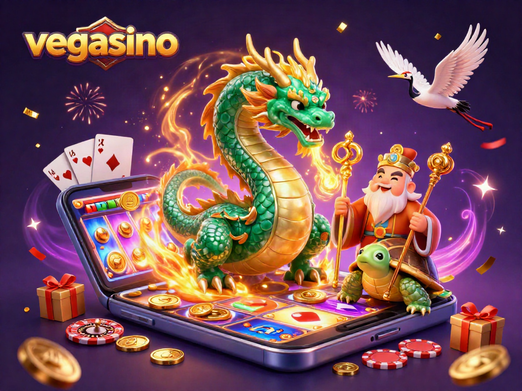 Win big at vegasino with a magical 3D casino illustration featuring legendary characters.