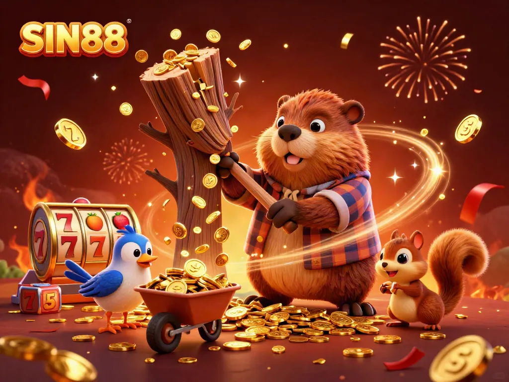 SIN88 attracts players with gold coins raining down while beavers and friends celebrate in a vibrant casino-themed scene.