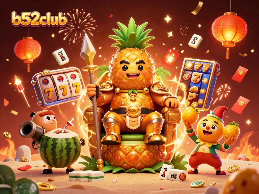 Experience the thrill of the b52club with vibrant slot games and festive casino characters.