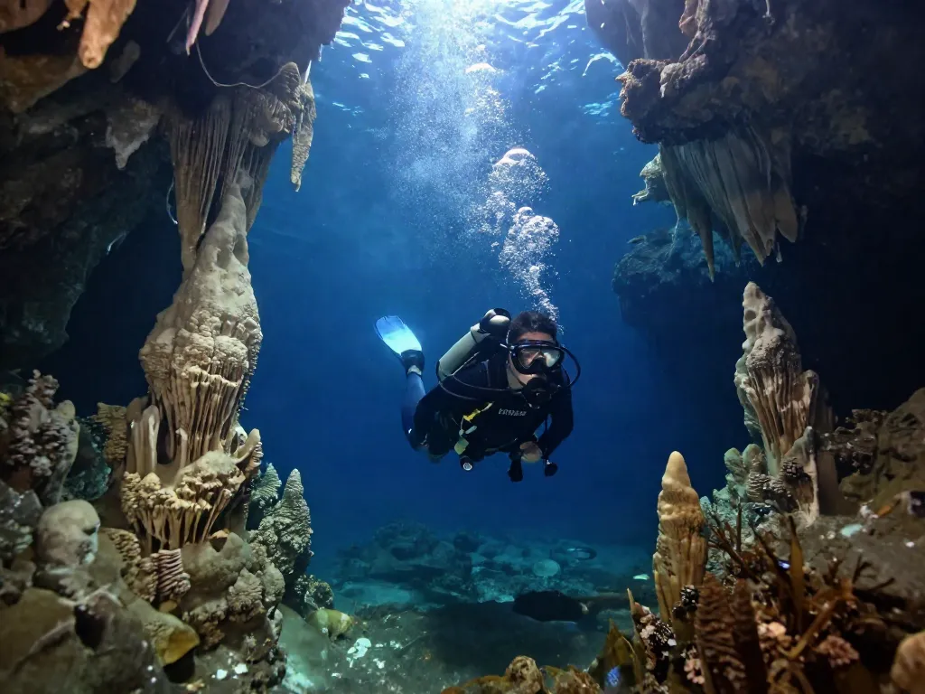 Höhlentauchen in Mexiko, Taucher erkundet atemberaubende Unterwasserhöhlen und beeindruckende Stalaktiten.