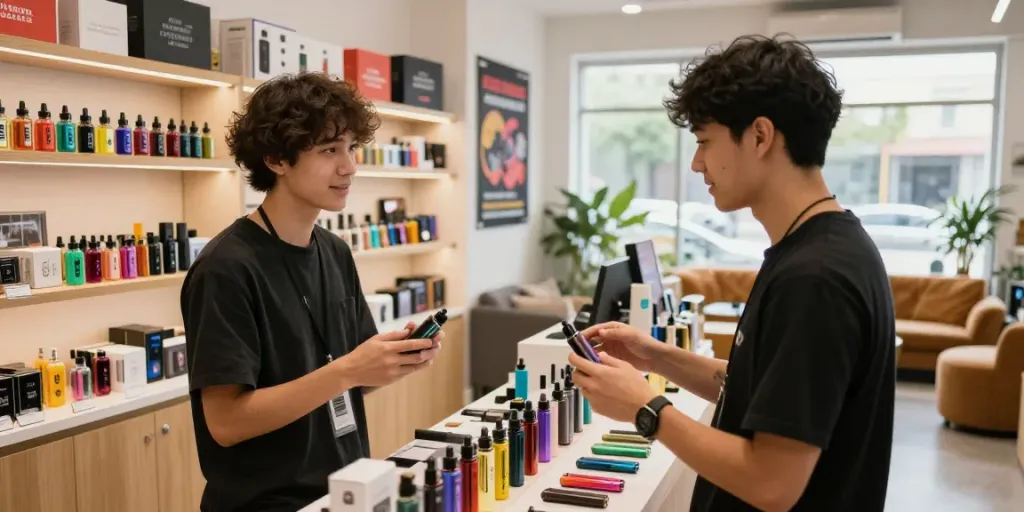 rokok88 login at a vibrant smoke shop with engaging customer interactions and premium vaping products showcased