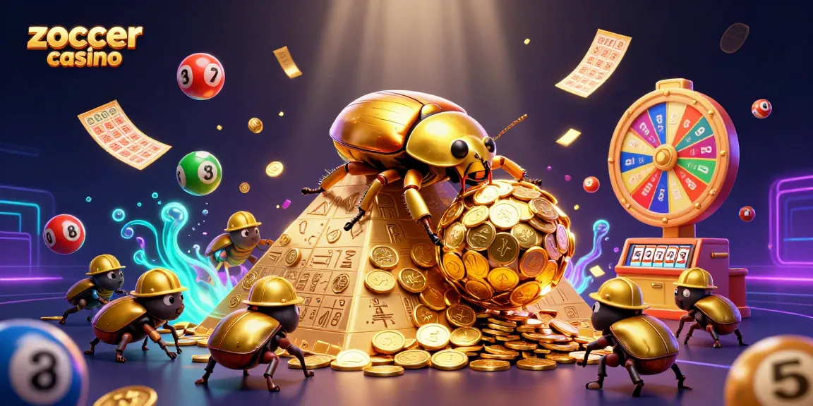 Zoccer casino showcases a vibrant 3D scene of a golden beetle amidst colorful lottery elements, highlighting fun and excitement.