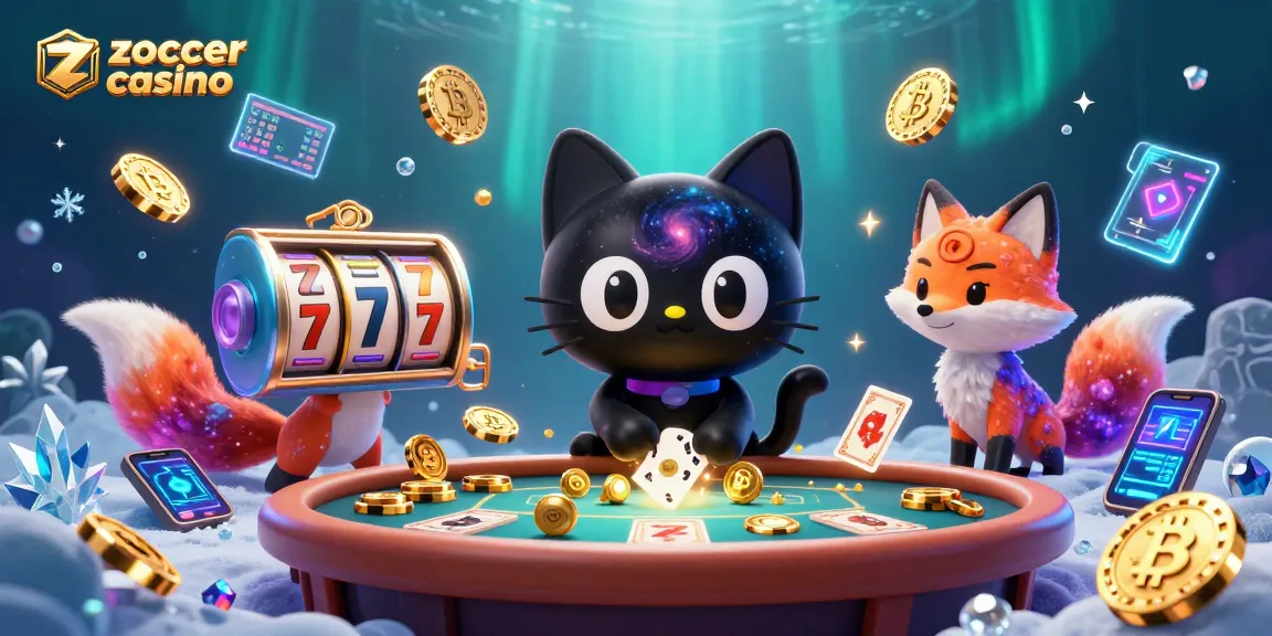 Zoccer casino features a cosmic scene with a black hole cat and a nebula fox amidst thrilling game elements.