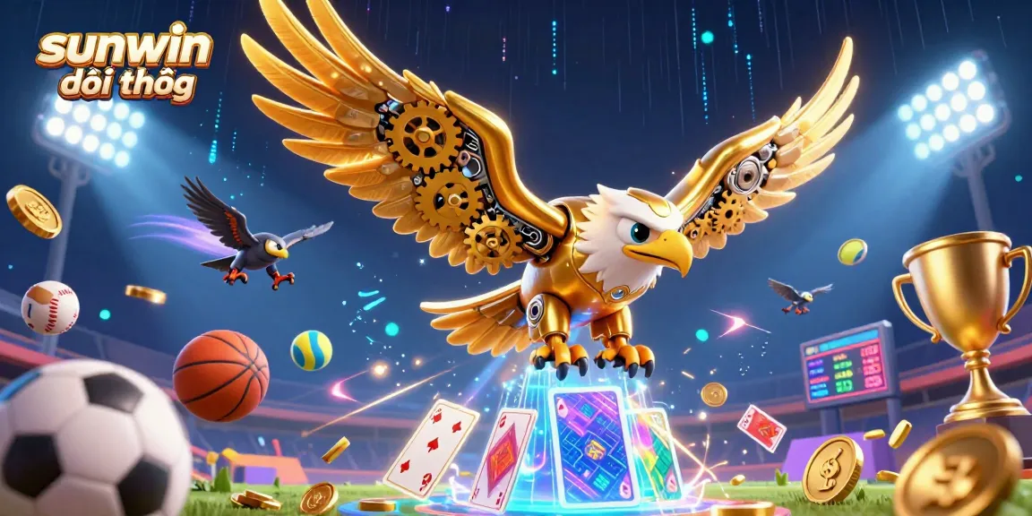 Engage in thrilling sports betting with sunwin đổi thưởng, illustrated by a striking 3D eagle diving through holographic playing cards.