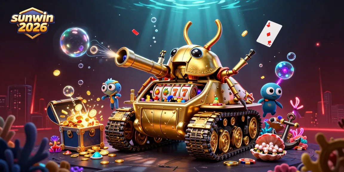 Experience the excitement of sunwin 2026 with a vibrant 3D casino illustration filled with slot games and treasure.